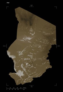 Çad 'ın göl ve nehirleri ile sepia tonlarında renklendirilmiş bir yükseklik haritası şekli, uzaklık ölçeği ve harita sınır koordinatları, siyah üzerine izole edilmiş.