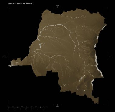 Kongo Demokratik Cumhuriyeti 'nin gölleri ve nehirleriyle sepia tonlarıyla renklendirilmiş bir yükseklik haritası şekli, uzaklık ölçeği ve harita sınır koordinatlarıyla, siyah üzerine izole edilmiş.