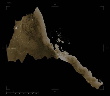 Eritre 'nin göl ve nehirleri ile sepia tonlarında renklendirilmiş bir yükseklik haritası şekli, uzaklık ölçeği ve harita sınır koordinatları, siyah üzerine izole edilmiş