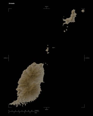 Grenada 'nın göl ve nehirleri ile sepia tonlarında renklendirilmiş bir yükseklik haritası şekli, uzaklık ölçeği ve harita sınır koordinatları, siyah üzerine izole edilmiş