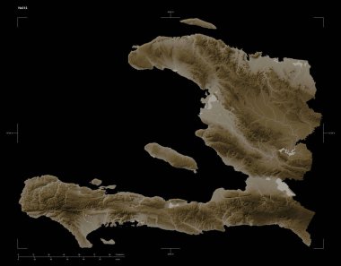 Haiti 'nin göl ve nehirleriyle sepia tonlarında renklendirilmiş bir yükseklik haritası şekli, uzaklık ölçeği ve harita sınır koordinatları, siyah üzerine izole edilmiş.