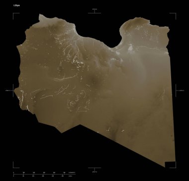 Libya 'nın göl ve nehirleri ile sepia tonlarında renklendirilmiş bir yükseklik haritası şekli, uzaklık ölçeği ve harita sınır koordinatları, siyah üzerine izole edilmiş