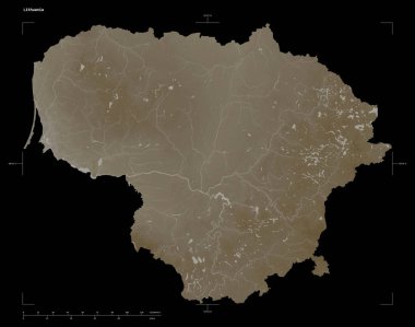 Litvanya 'nın göl ve nehirleri ile sepia tonlarında renklendirilmiş bir yükseklik haritası şekli, uzaklık ölçeği ve harita sınır koordinatları, siyah üzerine izole edilmiş