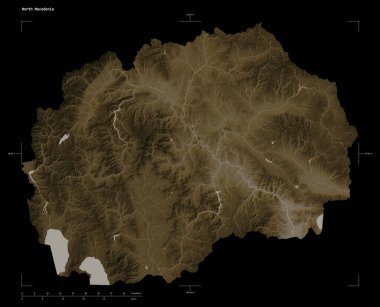 Kuzey Makedonya 'nın gölleri ve nehirleri ile sepya tonlarında renklendirilmiş, uzaklık ölçeği ve harita sınır koordinatlarıyla, siyah üzerine izole edilmiş bir yükseklik haritasının şekli
