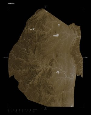 Uzaklık ölçeği ve harita sınır koordinatlarıyla Eswatini 'nin gölleri ve nehirleri ile sepya tonlarında renklendirilmiş bir yükseklik haritası şekli, siyah üzerine izole edilmiş.