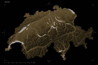İsviçre 'nin göl ve nehirleriyle sepia tonlarında renklendirilmiş bir yükseklik haritası şekli, uzaklık ölçeği ve harita sınır koordinatları, siyah üzerine izole edilmiş.