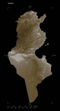 Tunus 'un göl ve nehirleri, uzaklık ölçeği ve harita sınır koordinatları ile sepia tonlarında renklendirilmiş bir yükseklik haritası şekli, siyah üzerine izole edilmiş