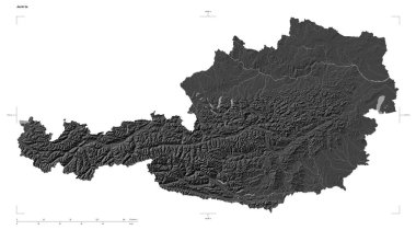 Avusturya 'nın göl ve nehirleriyle, uzaklık ölçeği ve harita sınır koordinatlarıyla beyaz üzerinde izole edilmiş çift seviyeli bir yükseklik haritasının şekli