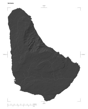 Barbados 'un göl ve nehirleriyle, uzaklık ölçeği ve harita sınır koordinatlarıyla, beyaz üzerinde izole edilmiş, çift seviyeli bir yükseklik haritası şekli