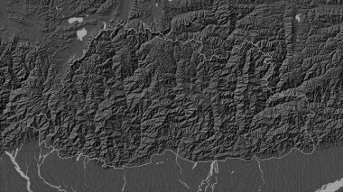 Butan, gölleri ve nehirleri olan çift seviyeli bir yükseklik haritasında özetlenmiştir.