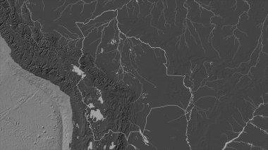 Bolivya, gölleri ve nehirleri olan çift seviyeli bir yükseklik haritasında özetlenmiştir.