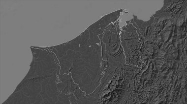 Brunei, gölleri ve nehirleri olan çift seviyeli bir yükseklik haritasında özetlenmiştir.