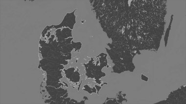 Danimarka, gölleri ve nehirleri olan çift seviyeli bir yükseklik haritasında özetlenmiştir.