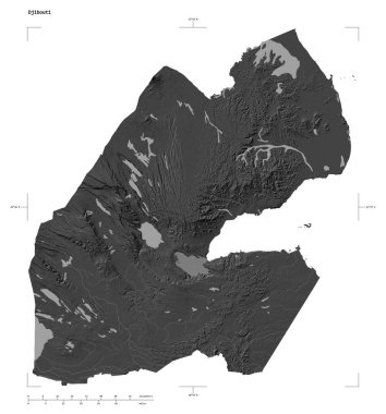 Cibuti 'nin göl ve nehirleriyle, uzaklık ölçeği ve harita sınır koordinatlarıyla beyaz üzerinde izole edilmiş çift seviyeli bir yükseklik haritasının şekli