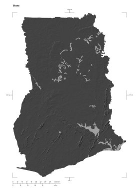 Gana 'nın göl ve nehirleriyle, uzaklık ölçeği ve harita sınır koordinatlarıyla, beyaz üzerinde izole edilmiş, çift seviyeli bir yükseklik haritasının şekli