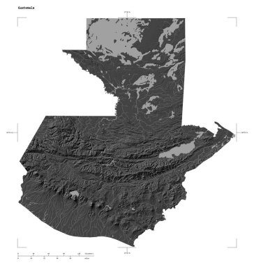 Guatemala 'nın göl ve nehirleri ile bir çift seviyeli yükseklik haritası şekli, uzaklık ölçeği ve harita sınır koordinatları, beyaz üzerinde izole