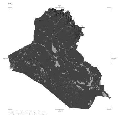 Irak 'ın göl ve nehirleriyle, uzaklık ölçeği ve harita sınır koordinatlarıyla, beyaz üzerinde izole edilmiş, çift seviyeli bir yükseklik haritası.