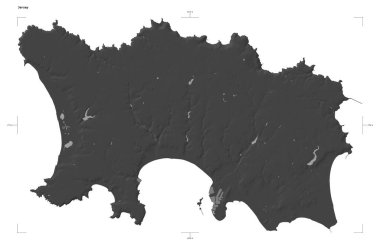 Jersey 'nin göl ve nehirlerinin olduğu çift seviyeli bir yükseklik haritası şekli, uzaklık ölçeği ve harita sınır koordinatları, beyaz üzerinde izole edilmiş.