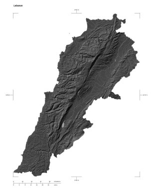 Lübnan 'ın göl ve nehirleriyle, uzaklık ölçeği ve harita sınır koordinatlarıyla beyaz üzerinde izole edilmiş çift seviyeli bir yükseklik haritasının şekli