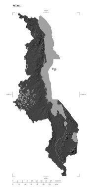 Malawi 'nin göl ve nehirleriyle, uzaklık ölçeği ve harita sınır koordinatlarıyla, beyaz üzerinde izole edilmiş, çift seviyeli bir yükseklik haritasının şekli