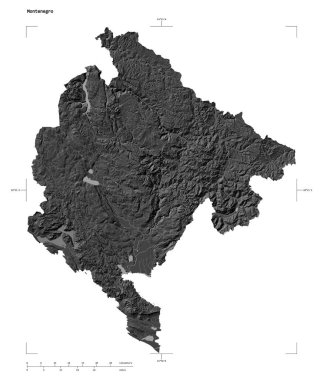 Karadağ 'ın göl ve nehirleriyle, uzaklık ölçeği ve harita sınır koordinatlarıyla beyaz üzerinde izole edilmiş çift seviyeli bir yükseklik haritasının şekli