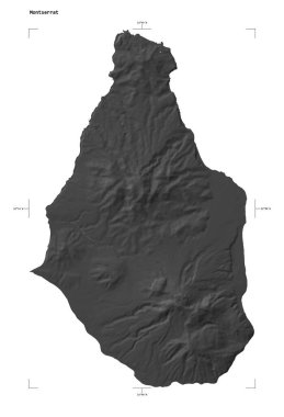 Montserrat 'ın göl ve nehirleriyle, uzaklık ölçeği ve harita sınır koordinatlarıyla, beyaz üzerinde izole edilmiş, çift seviyeli bir yükseklik haritası.