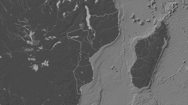 Mozambik, gölleri ve nehirleri olan çift seviyeli bir yükseklik haritasında özetlenmiştir.