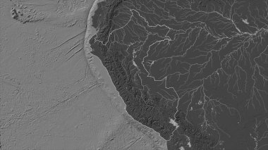 Peru, gölleri ve nehirleri olan çift seviyeli bir yükseklik haritasında özetlenmiştir.