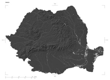 Romanya 'nın göl ve nehirleriyle, uzaklık ölçeği ve harita sınır koordinatlarıyla beyaz üzerinde izole edilmiş çift seviyeli bir yükseklik haritasının şekli