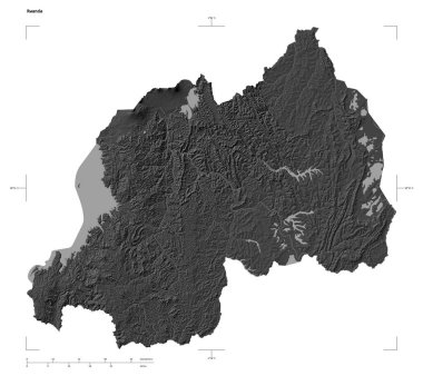 Rwanda 'nın göl ve nehirleriyle, uzaklık ölçeği ve harita sınır koordinatlarıyla, beyaz üzerinde izole edilmiş, çift seviyeli bir yükseklik haritasının şekli