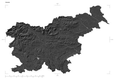 Slovenya 'nın göl ve nehirleriyle, uzaklık ölçeği ve harita sınır koordinatlarıyla beyaz üzerinde izole edilmiş çift seviyeli bir yükseklik haritasının şekli