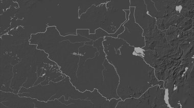 Güney Sudan, gölleri ve nehirleri olan çift seviyeli bir yükseklik haritasında özetlenmiştir.