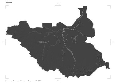 Güney Sudan 'ın göl ve nehirleriyle, uzaklık ölçeği ve harita sınır koordinatlarıyla, beyaz üzerinde izole edilmiş, çift seviyeli bir yükseklik haritası.