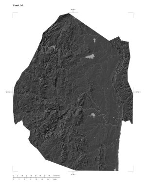 Eswatini 'nin göl ve nehirleriyle, uzaklık ölçeği ve harita sınır koordinatlarıyla, beyaz üzerinde izole edilmiş, çift seviyeli bir yükseklik haritası.
