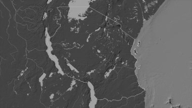 Tanzanya, gölleri ve nehirleri olan çift seviyeli bir yükseklik haritasında özetlenmiştir.