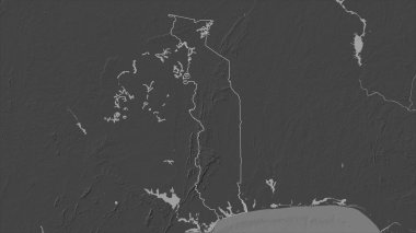 Togo, gölleri ve nehirleri olan çift seviyeli bir yükseklik haritasında özetlenmiştir.