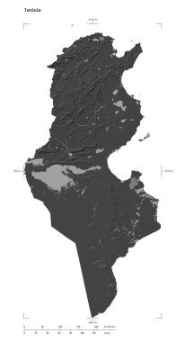 Tunus 'un göl ve nehirleriyle, uzaklık ölçeği ve harita sınır koordinatlarıyla, beyaz üzerinde izole edilmiş, çift seviyeli bir yükseklik haritasının şekli