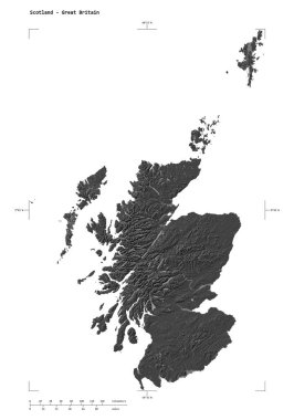 İskoçya 'nın göl ve nehirleri ile bir çift seviyeli yükselti haritası şekli - Büyük Britanya, uzaklık ölçeği ve harita sınır koordinatlarıyla, beyaz üzerinde izole edilmiş