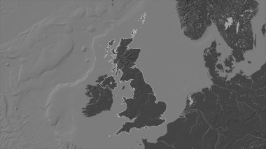 Birleşik Krallık, gölleri ve nehirleri olan çift seviyeli bir yükseklik haritasında özetlenmiştir.