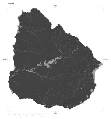 Uruguay 'ın göl ve nehirleriyle, uzaklık ölçeği ve harita sınır koordinatlarıyla, beyaz üzerinde izole edilmiş, çift seviyeli bir yükseklik haritası.