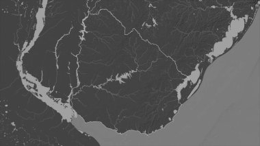 Uruguay, gölleri ve nehirleri olan çift seviyeli bir yükseklik haritasında özetlenmiştir.