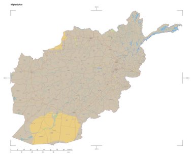 Afganistan 'ın OSM standart haritası. Uzaklık ölçeği ve harita sınır koordinatları beyaz üzerinde izole edilmiş.