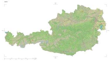 Atopografik, OSM standart Avusturya haritası, uzaklık ölçeği ve harita sınır koordinatları, beyaz üzerinde izole