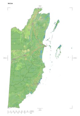 Bir topografik, OSM standart Belize haritası, uzaklık ölçeği ve harita sınır koordinatları ile beyaz üzerinde izole