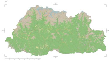 Bir topografik, Bhutan 'ın OSM standart biçim haritası, uzaklık ölçeği ve harita sınır koordinatlarıyla, beyaz üzerinde izole