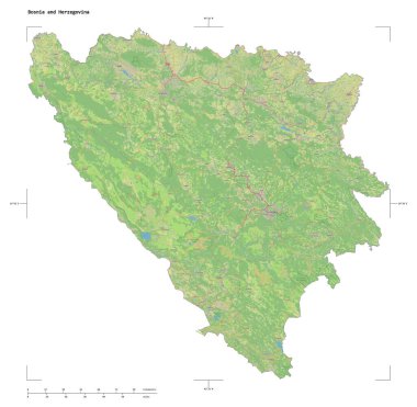 Bosna-Hersek 'in bir topoğrafi ve OSM standart haritasının şekli, uzaklık ölçeği ve harita sınır koordinatları beyaz üzerinde izole edildi