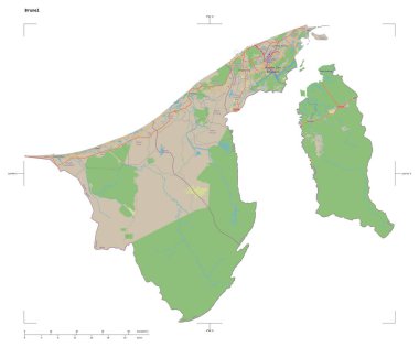 Brunei 'nin bir topoğrafik, OSM standart stil haritası, uzaklık ölçeği ve harita sınır koordinatları, beyaz üzerinde izole