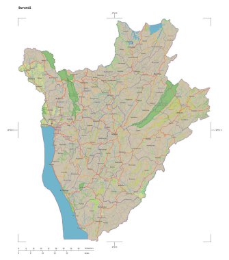 Beyaz üzerinde izole edilmiş, uzaklık ölçeği ve harita sınır koordinatlarıyla Burundi 'nin bir topoğrafik, OSM standart biçim haritası