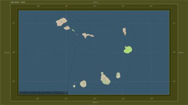 Cabo Verde, ülkenin başkenti, haritası, uzaklık ölçeği ve harita sınır koordinatlarıyla birlikte bir topoğrafik, OSM standart haritasına vurgulandı