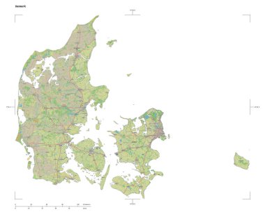 Danimarka 'nın topoğrafi, OSM standart biçim haritası, uzaklık ölçeği ve harita sınır koordinatlarıyla beyaz üzerinde izole edilmiş